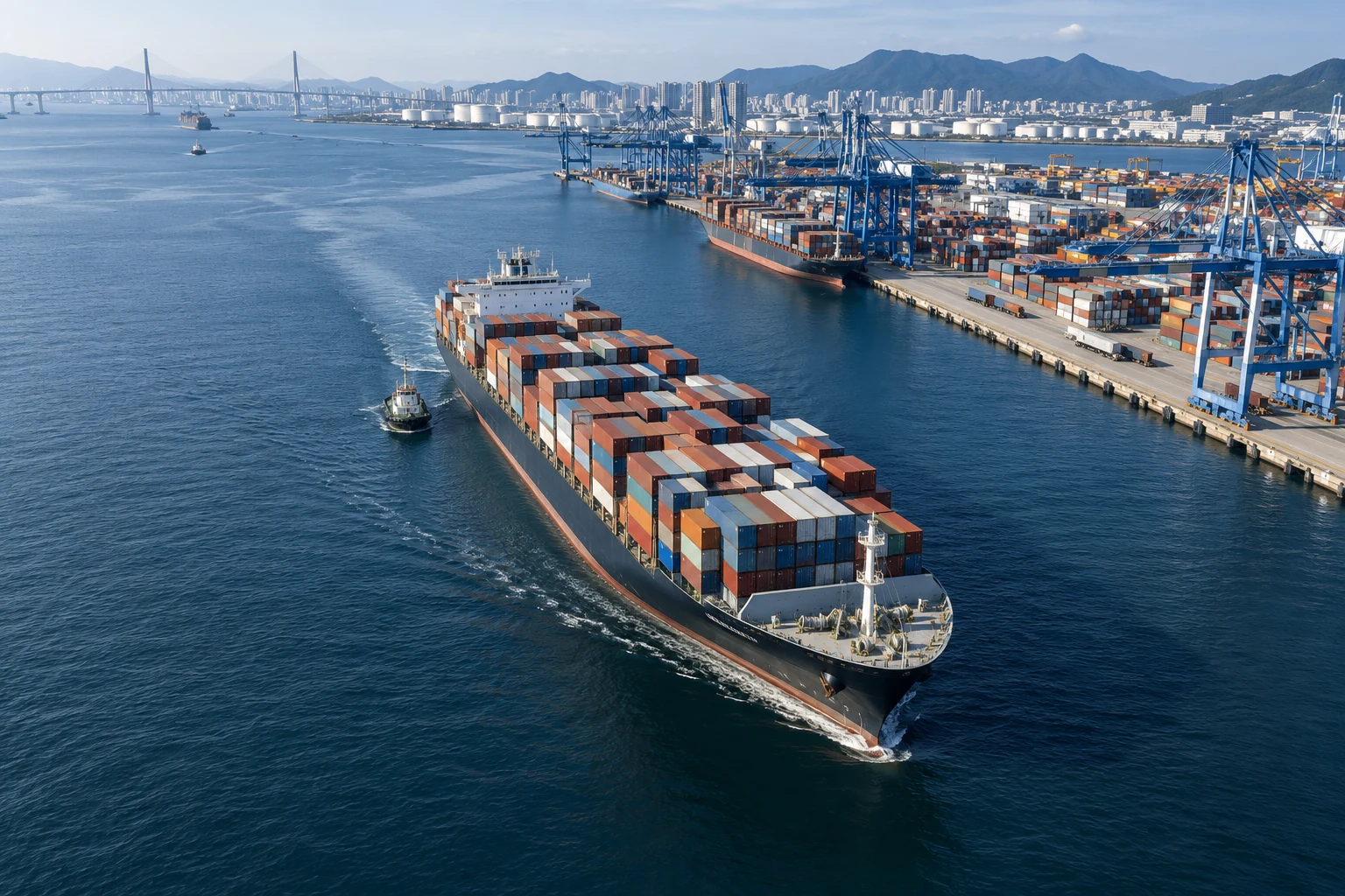 Ships and port infrastructure connecting industries